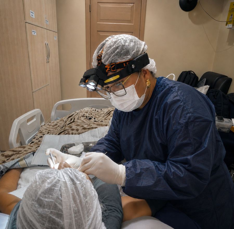 Cirurgiã-dentista da SOHD em atendimento odontológico domiciliar a paciente acamado