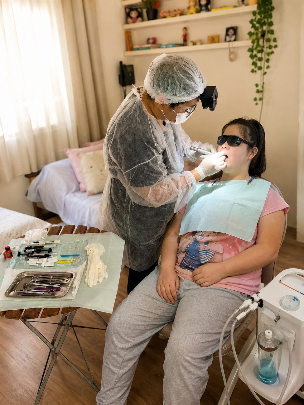 Cirurgiã-dentista da SOHD em atendimento odontológico domiciliar a paciente com necessidades especiais, no conforto de casa